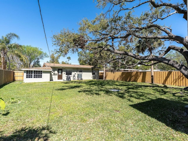 rear view of house with a fenced backyard and a lawn