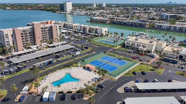 drone / aerial view with a water view