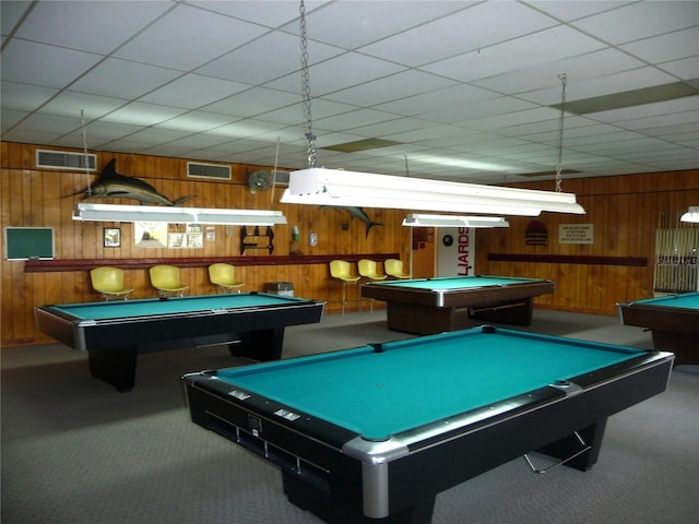 playroom with visible vents, wood walls, billiards, and carpet floors