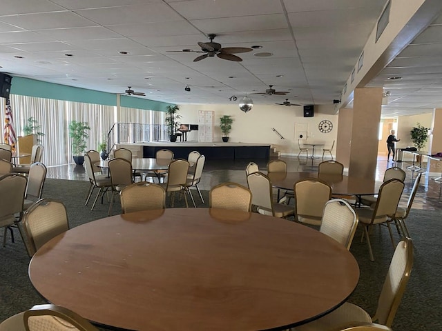 dining room with carpet flooring, a paneled ceiling, and ceiling fan