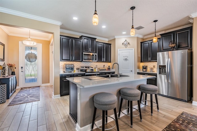 kitchen featuring light wood finished floors, dark cabinets, stainless steel appliances, and a sink