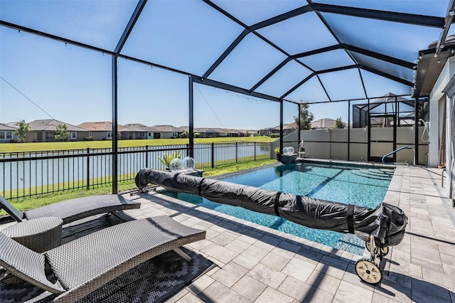 view of swimming pool with a water view, a lanai, a residential view, a fenced backyard, and a patio area