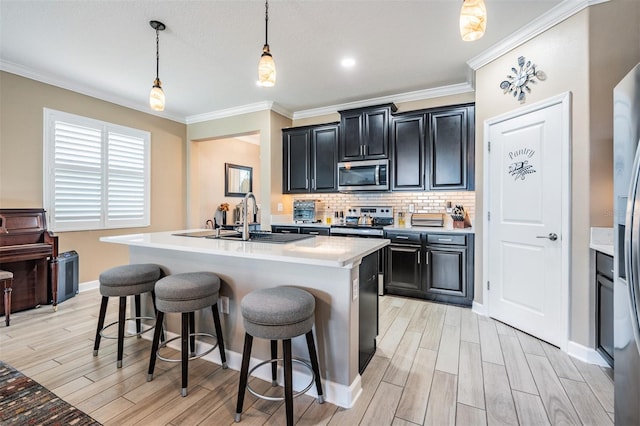 kitchen with a sink, wood finish floors, dark cabinets, and stainless steel appliances