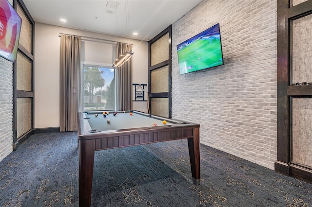 game room with recessed lighting, carpet flooring, brick wall, and billiards