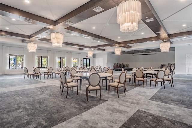 dining space featuring beamed ceiling, a notable chandelier, visible vents, and coffered ceiling