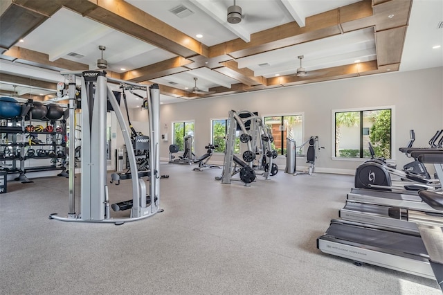 gym featuring plenty of natural light, a ceiling fan, visible vents, and baseboards