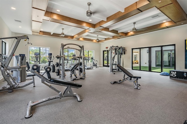 gym featuring recessed lighting, visible vents, baseboards, and ceiling fan