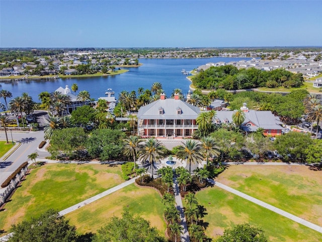 drone / aerial view with a water view