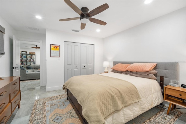 bedroom with recessed lighting, visible vents, a closet, and a ceiling fan