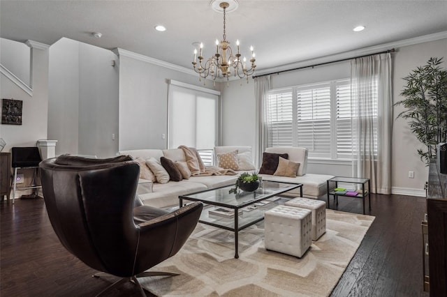 living room featuring recessed lighting, baseboards, ornamental molding, and dark wood-style flooring