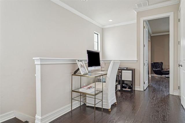 office area featuring crown molding, wood finished floors, visible vents, and baseboards