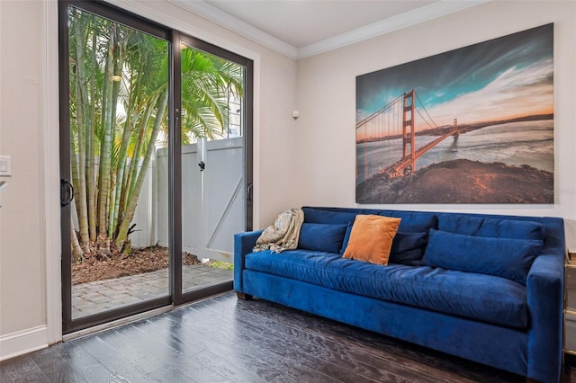 interior space with wood finished floors and ornamental molding