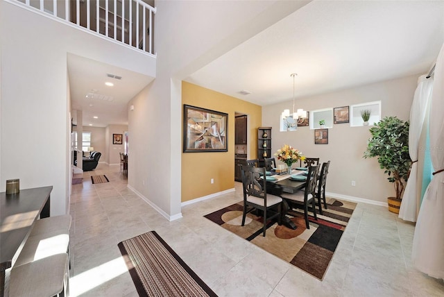 dining room with visible vents, recessed lighting, an inviting chandelier, light tile patterned floors, and baseboards