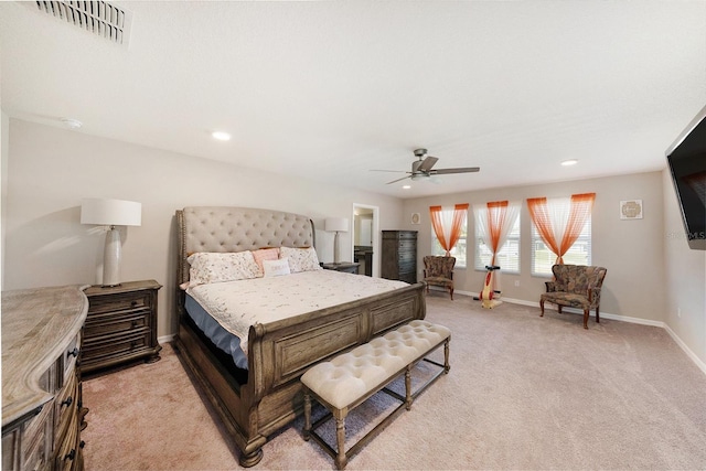 bedroom with visible vents, baseboards, ceiling fan, light colored carpet, and recessed lighting