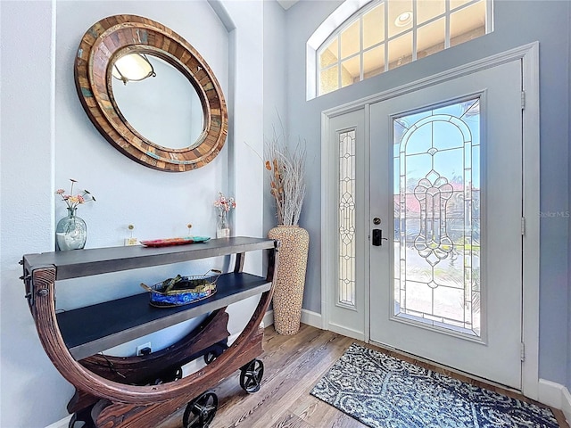 foyer with baseboards and wood finished floors