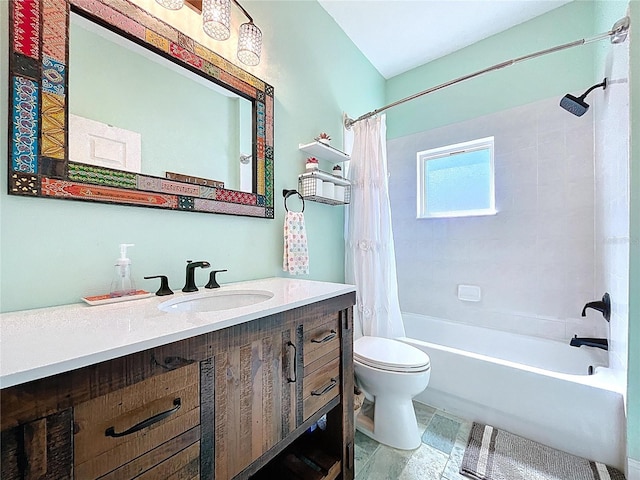 bathroom featuring toilet, vanity, and shower / bath combination with curtain