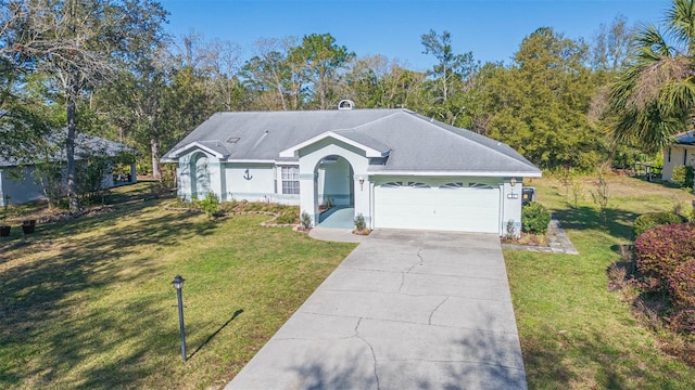 single story home with a garage, concrete driveway, a front lawn, and stucco siding