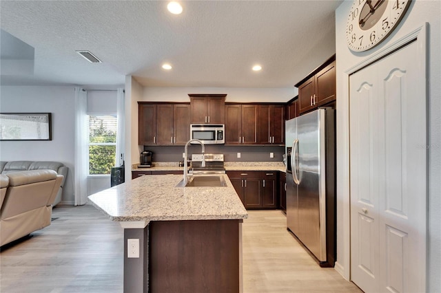 kitchen with light wood finished floors, visible vents, open floor plan, appliances with stainless steel finishes, and a sink