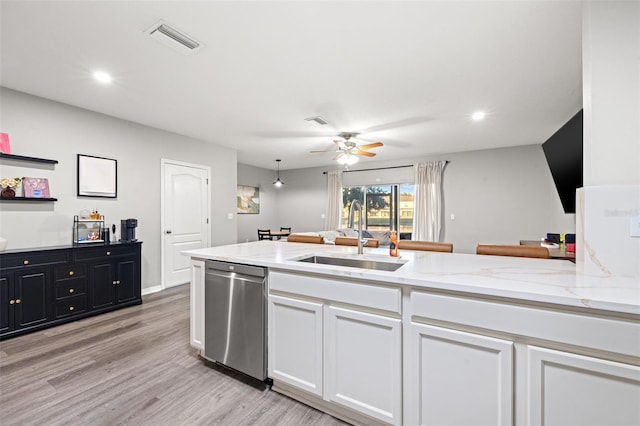 kitchen featuring a ceiling fan, visible vents, a sink, white cabinets, and stainless steel dishwasher