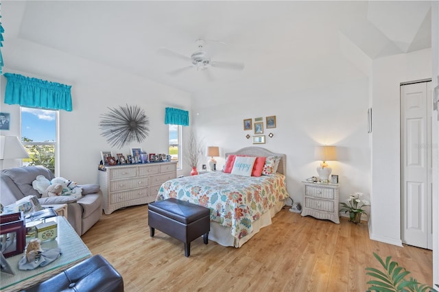 bedroom with a ceiling fan and wood finished floors