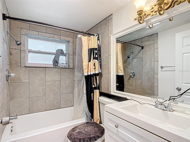 bathroom featuring toilet, vanity, and shower / bath combination with curtain