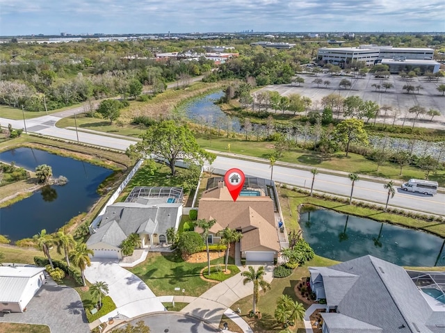 drone / aerial view featuring a water view