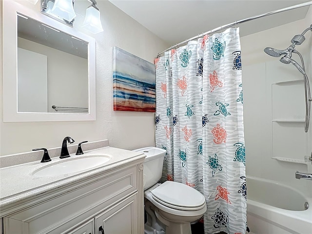 full bath featuring vanity, shower / bath combination with curtain, and toilet