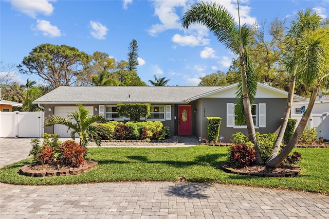 single story home featuring stucco siding, a gate, decorative driveway, fence, and an attached garage