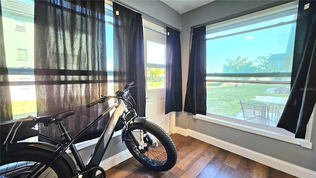 workout room with plenty of natural light, baseboards, and wood finished floors