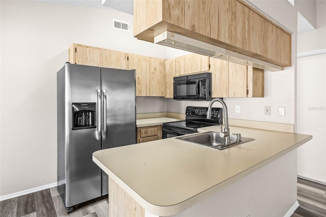 kitchen with black appliances, dark wood-style floors, light brown cabinets, and visible vents