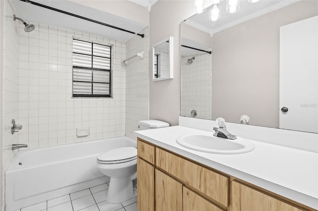 bathroom featuring vanity, shower / washtub combination, crown molding, toilet, and tile patterned floors