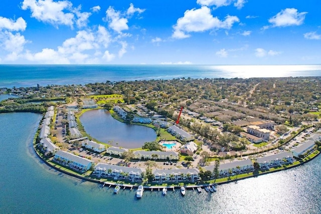 drone / aerial view featuring a water view