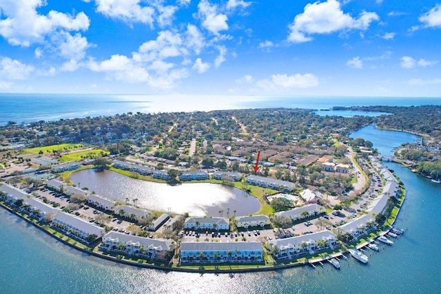 drone / aerial view featuring a water view