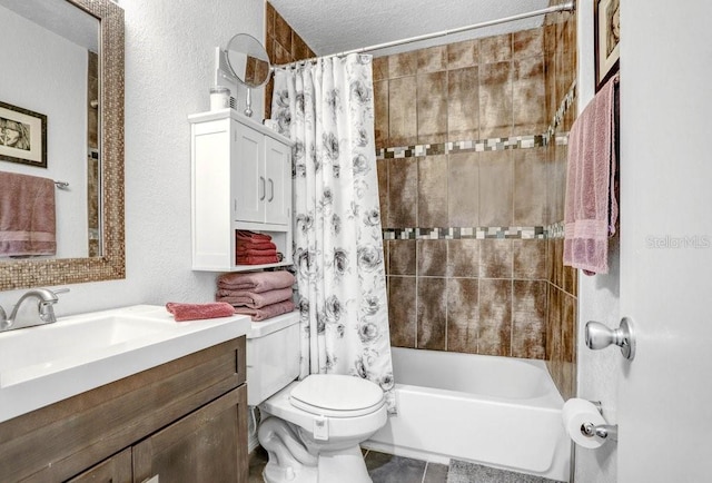 bathroom featuring tile patterned floors, toilet, a textured ceiling, shower / tub combo, and vanity