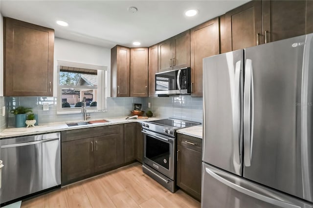 kitchen featuring a sink, tasteful backsplash, appliances with stainless steel finishes, and light wood-style flooring