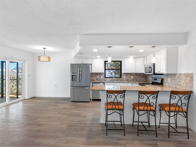 kitchen with a peninsula, a sink, decorative backsplash, appliances with stainless steel finishes, and a wealth of natural light