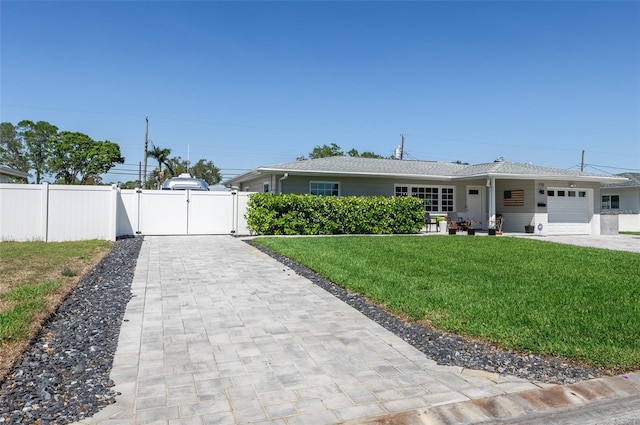 single story home with fence, a front yard, decorative driveway, a garage, and a gate