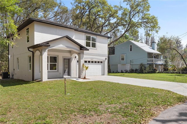 view of front of property featuring central air condition unit, an attached garage, concrete driveway, a front yard, and stucco siding