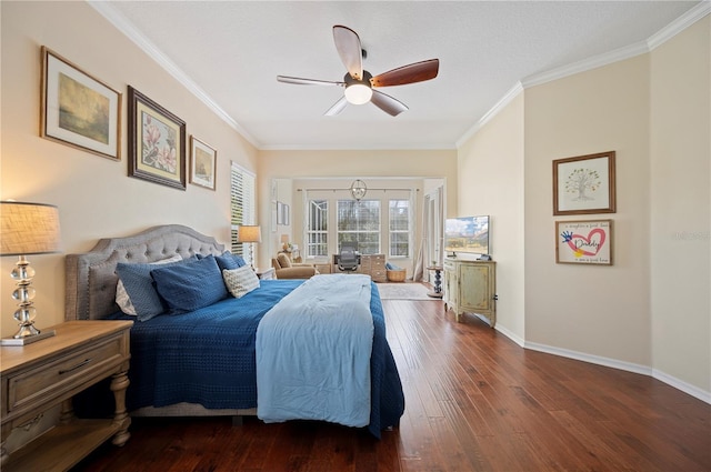 bedroom with ceiling fan, baseboards, dark wood-style floors, and crown molding