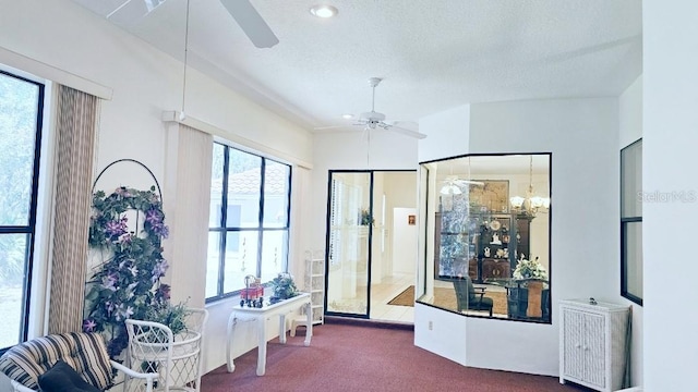 interior space with ceiling fan with notable chandelier, a textured ceiling, radiator heating unit, and carpet