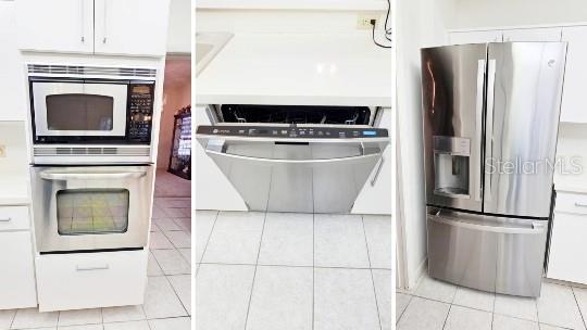 kitchen featuring appliances with stainless steel finishes, white cabinets, light tile patterned flooring, and light countertops
