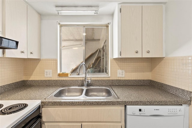 kitchen with a wall mounted AC, white dishwasher, a sink, decorative backsplash, and dark countertops