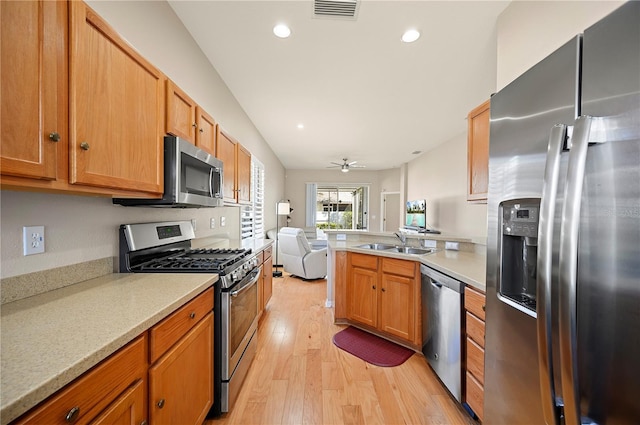 kitchen with a peninsula, a sink, stainless steel appliances, light countertops, and open floor plan