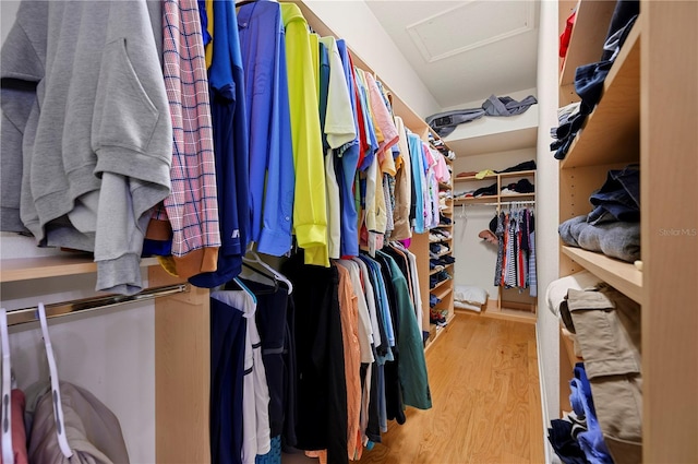 spacious closet with attic access and wood finished floors