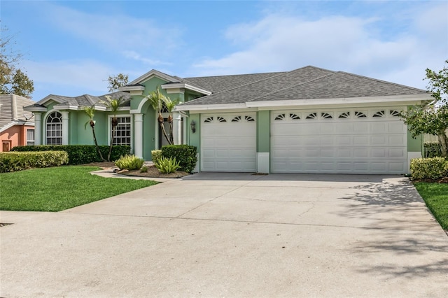 ranch-style home featuring stucco siding, roof with shingles, concrete driveway, a front yard, and a garage