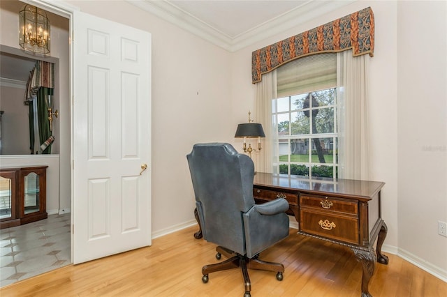 office with crown molding, baseboards, and wood finished floors