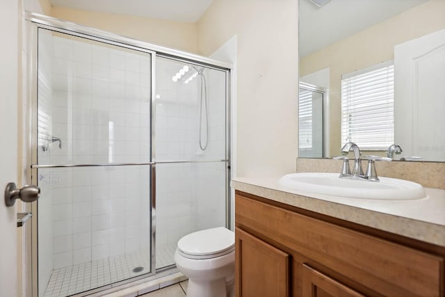 full bath featuring a stall shower, toilet, and vanity