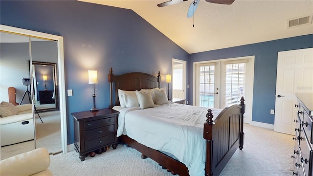 bedroom with access to exterior, visible vents, baseboards, lofted ceiling, and light carpet