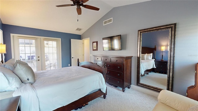 bedroom featuring access to exterior, visible vents, ceiling fan, lofted ceiling, and light carpet