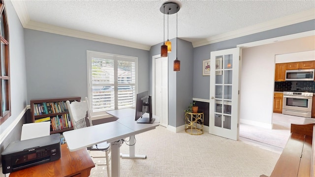 office area featuring crown molding, french doors, and light colored carpet